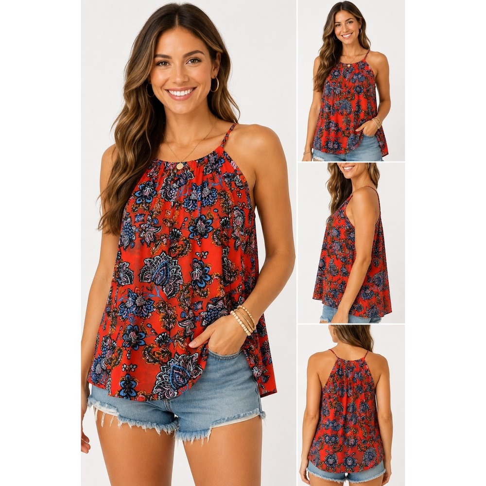 Collective Concepts Women's Medium Floral Halter Tank Top Red Sleeveless‎ Blouse